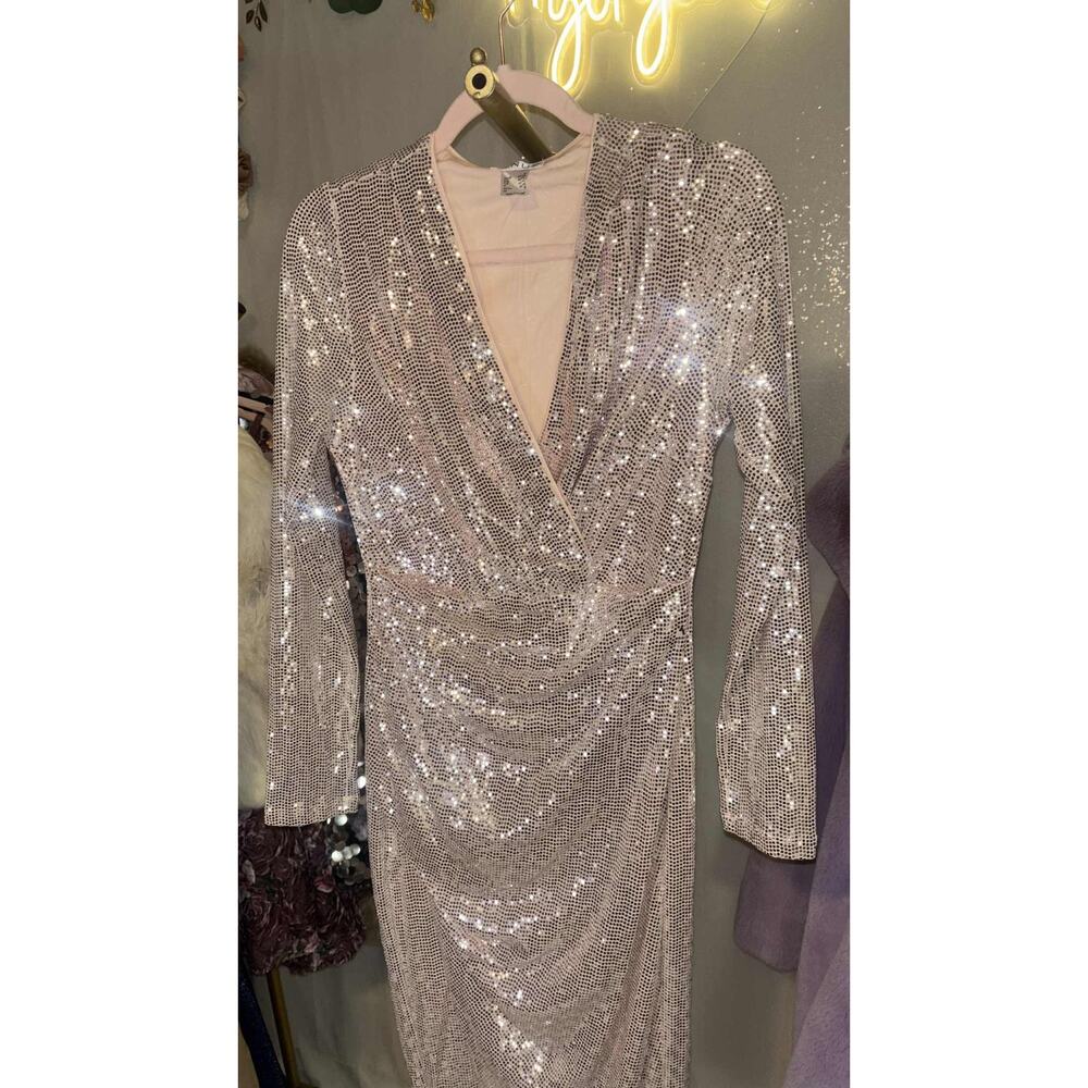 Venus Size M Rose Gold Sequin Long Sleeve Midi Evening Gown - Picture 2 of 6